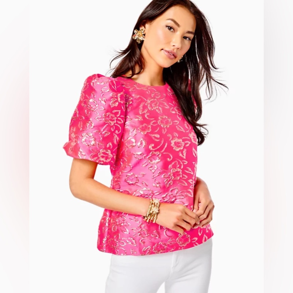 Lilly Pulitzer Pratt Short Sleeved Floral Brocade Top |Pink Grenadine | Med